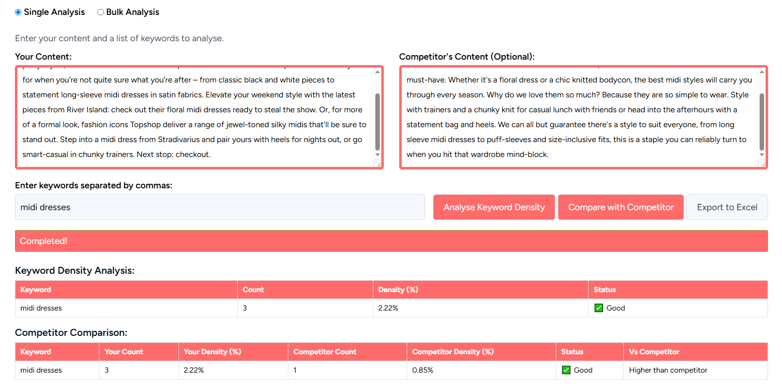 keyword density analyser content and vs competitor